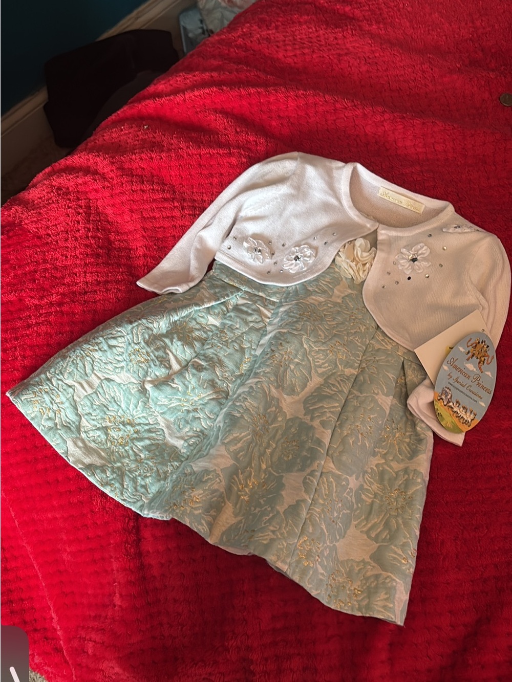 Infant Floral Brocade Dress with White Bolero